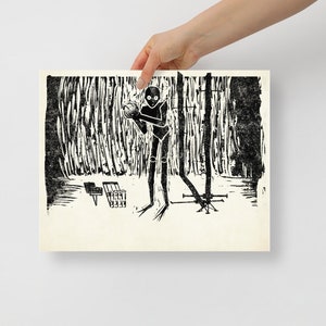 May include: Black and white illustration of a tall, thin figure holding a round object in a forest setting. The figure has a large head and long, thin limbs. The figure is standing in front of a wooden fence with a bench in the background.