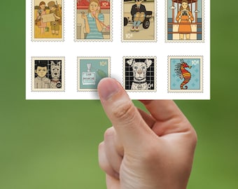 Cartela de adesivos com ilustrações em estilo vintage inspiradas em Wes Anderson.