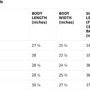 May include: Size guide for apparel, showing body length, body width, and sleeve length measurements in inches for sizes S, M, L, XL, and 2XL. The table provides specific measurements for each size, including 27 1/4 inches body length for size S.