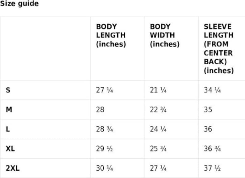 May include: Size guide for apparel, showing body length, body width, and sleeve length measurements in inches for sizes S, M, L, XL, and 2XL. The table provides specific measurements for each size, including 27 1/4 inches body length for size S.