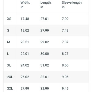 May include: A chart showing the width, length, and sleeve length in inches for different sizes of clothing, from XS to 4XL.