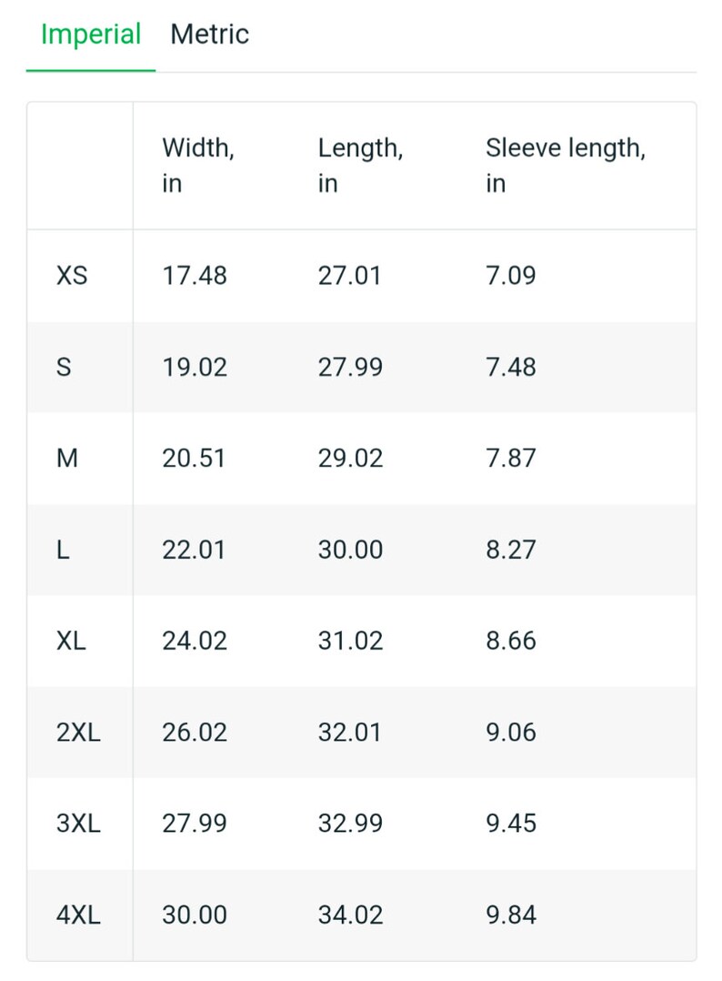 May include: A chart showing the width, length, and sleeve length in inches for different sizes of clothing, from XS to 4XL.