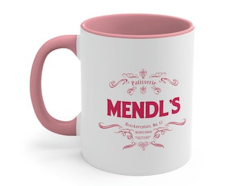 Mendl's Bakery Mug with classic pink patisserie box - Grand Budapest Hotel - Wes Anderson