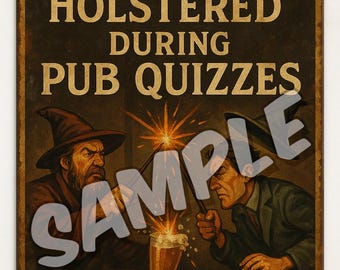 Cartello in metallo di ispirazione vintage "Tieni le bacchette nella fondina durante i quiz al pub" - Decorazione da bar per maghi, decorazione da parete per bar fantasy, regalo per gli amanti della magia