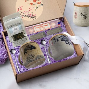 Glazed Ceramic Japanese Style Cup  Gift Box- 2 Bags of fresh tea - Heart shape Tea Strainer - Satya incense  I Gift for tea lovers