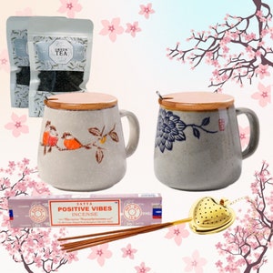 Glazed Ceramic Japanese Style Cup  Gift Box- 2 Bags of fresh tea - Heart shape Tea Strainer - Satya incense  I Gift for tea lovers