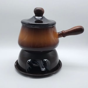 Enamel Fondue set - wooden handle - brown - vintage