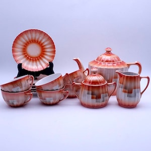 Greiner & Herda porcelain tea set - orange - rare - teapot - cups with saucer - milk and sugar set - made in Germany