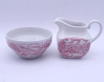 Jarra de leche y azucarero Crown Ducal "Escenas del puente" - rojo - cocina vintage - decoración del hogar - hecho en Inglaterra - juego de 2