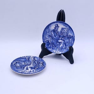 Enoch Wedgwood Tunstall Blue White Plates Set Inn Keeper Pedlar Vintage English Transferware Pin Dishes Coasters Mini