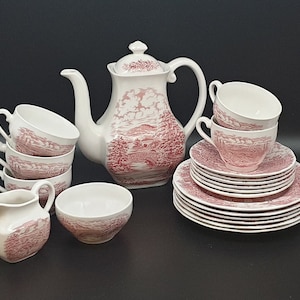 Vintage Hunter by myott tableware - red - coffee pot - milk jug & sugar bowl - tea cups with saucer - breakfast plates