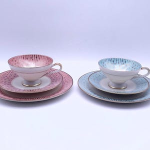 Seltmann Weiden Bavaria trio - cup with saucer - cake plate - gold - flowers - made in Germany - blue - pink - set of 2