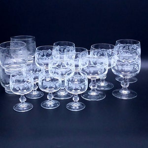Vintage wine glasses - port glasses - liqueur glasses - whiskey glasses - leaves and grape vines - gold
