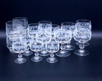 Vintage wine glasses - port glasses - liqueur glasses - whiskey glasses - leaves and grape vines - gold