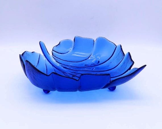 Vintage Obstschale in Kobaltblau - Blattform - gehärtetes Glas - blau