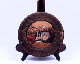 Vintage wooden hand-painted decorative plate from Lourdes - home decor - gift for her