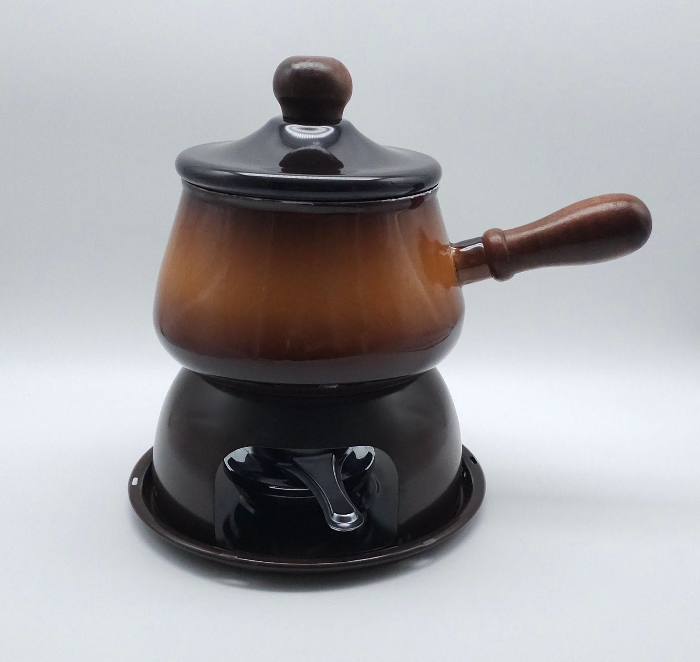 Enamel Fondue set - wooden handle - brown - vintage