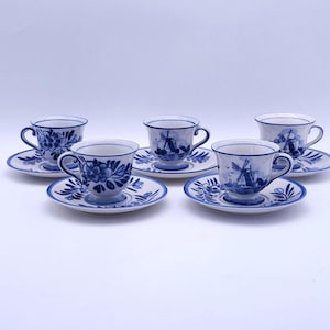 Vintage Delft Blue Demitasse Cup and Saucer, Hand Painted Dutch Windmill Espresso Set, Small Blue and White Holland Mokka Cup,  per piece