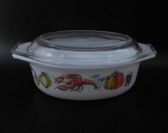 Pyrex JAJ baking dishes - 70s - fish - Vintage - frosted glass - glass lid - made in England