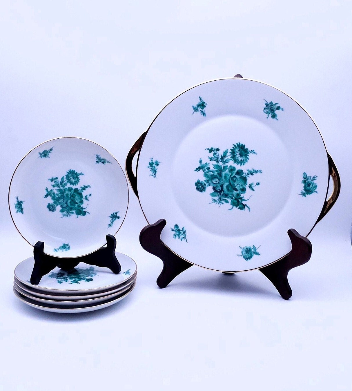 6-piece Königl. pr. Tettau pastry set - green - gold - pastry - cake stand - pastry plates - serving - birthday - gift