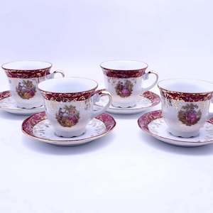 HK Bavaria Germany - cups with saucers - 24 carat gold - red - handmade - made in Germany - set of 4