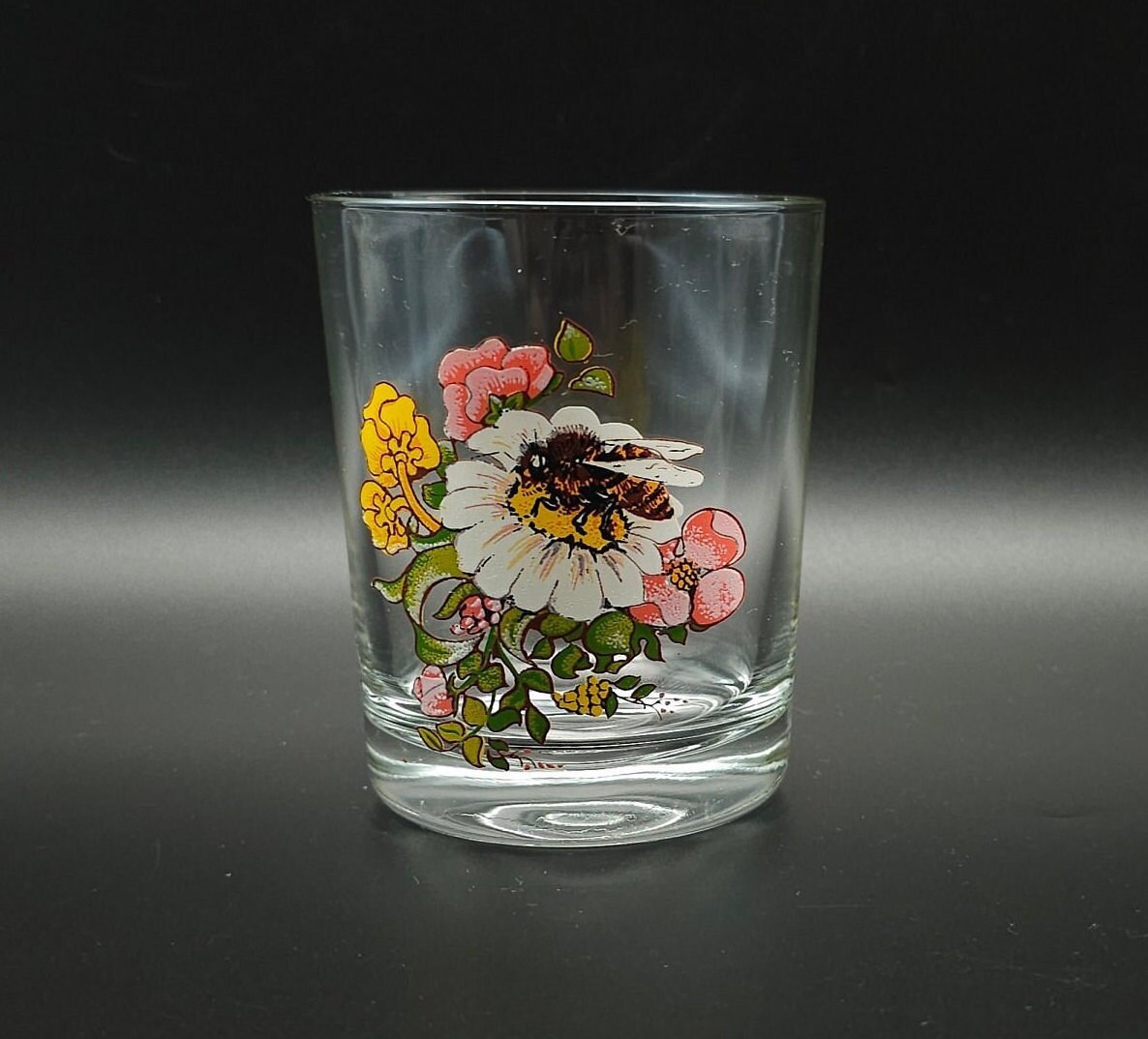 Vintage Reims France Whiskey glass - Bee - Flowers - Scottish Whiskey - Whiskey - yellow - glass