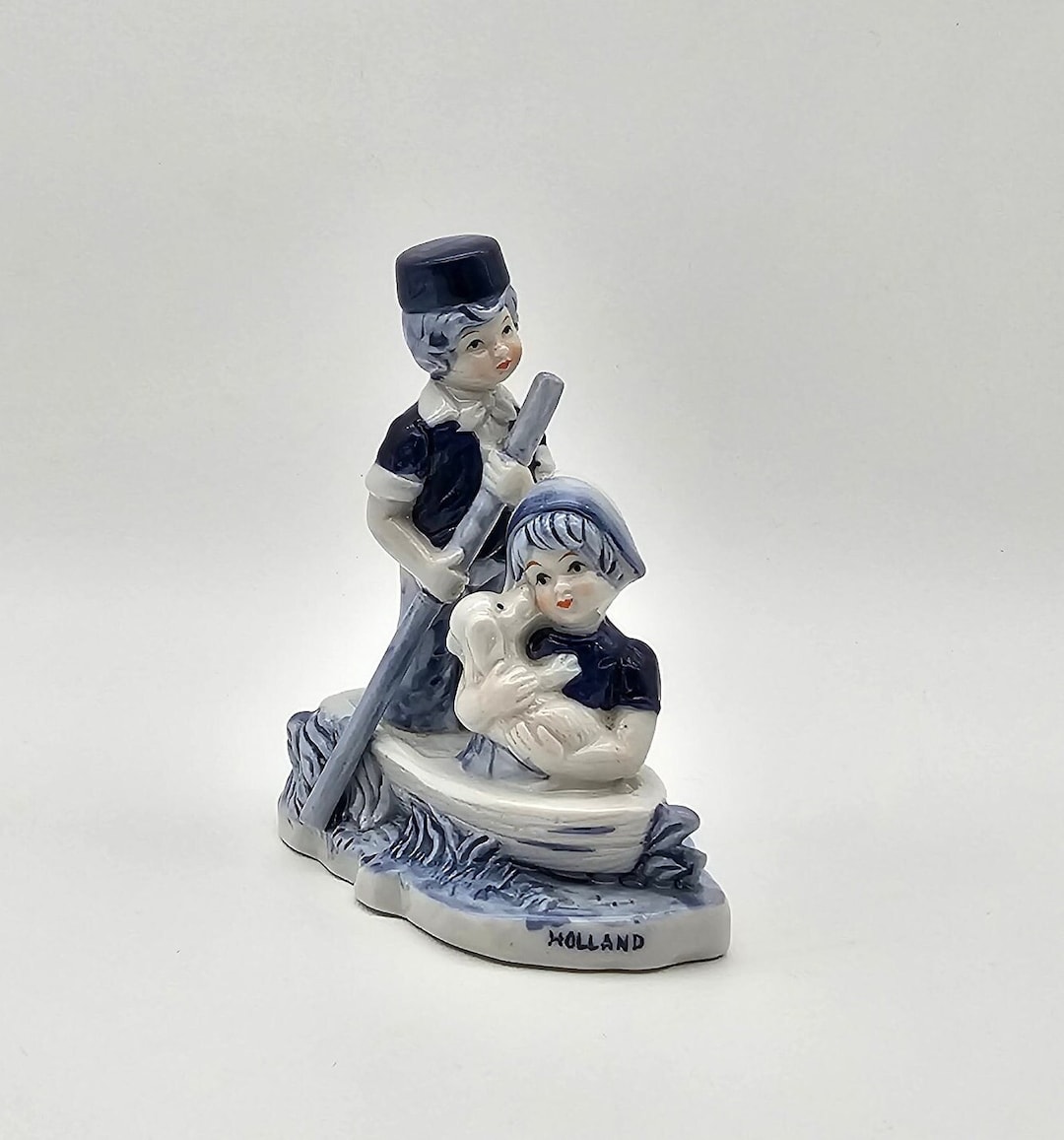 Delft Blue Holland Figurine Ceramic Figurine Sailing Boat Boy Girl Dog