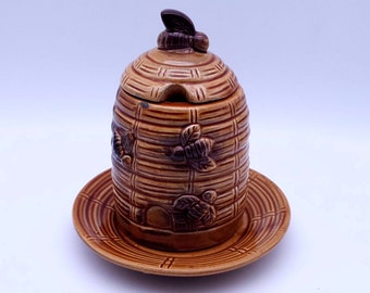pot de miel vintage avec soucoupe - Honey Versand - miel - abeille - stockage - fabriqué au Japon