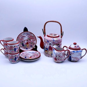 Vintage Japanese tea set - red - hand painted porcelain tea set - Geisha - teapot - cups with saucer - milk & sugar set