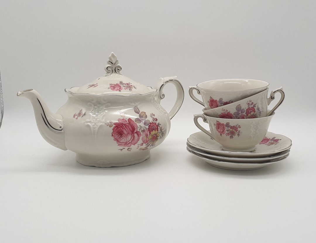 Vintage Mosa Tea Set Rose Pattern Silver Edges Teapot Etsy