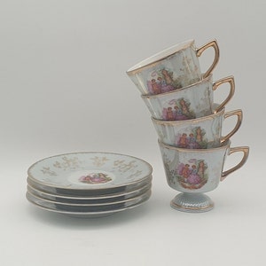 Versailles lusterware - teacup with saucer - set of 4 - white - gold - mother of pearl - Fragonard decor - Vintage