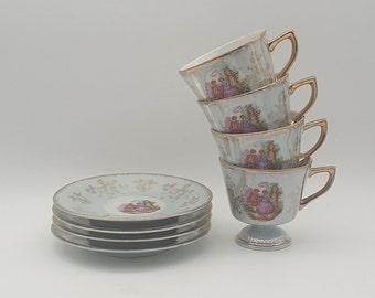 Versailles Lusterware – Teetasse mit Untertasse – 4er-Set – Weiß – Gold – Perlmutt – Fragonard-Dekor – Vintage