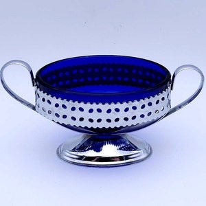 Sucrier vintage bleu cobalt - sucrier - verre - métal - avec oreilles
