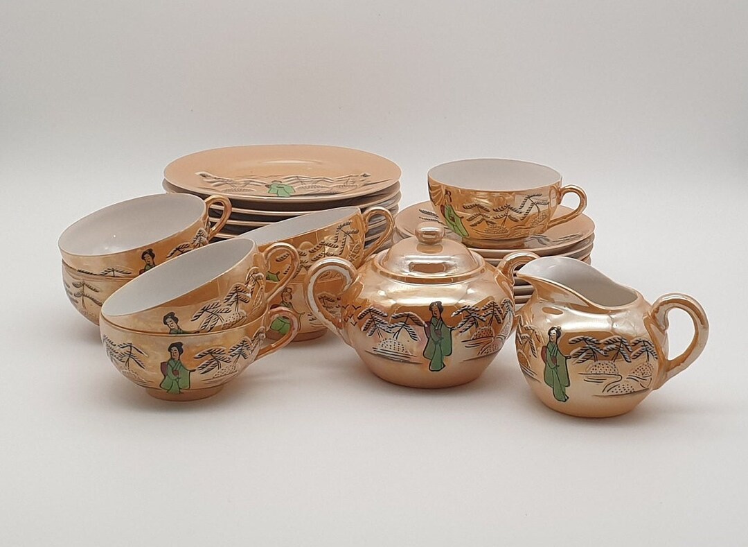 Vintage Japanese Tea Set Handpainted Porcelain Tea Set Geisha Cups