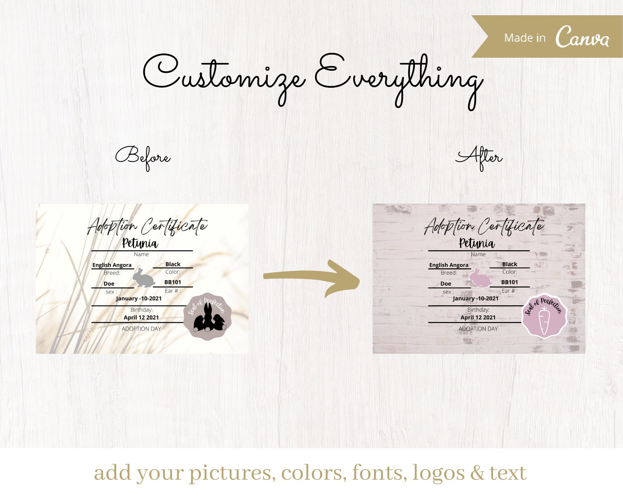 EDITABLE Birth &amp; Adoption Certificate Template, Rabbitry, Rabbit, Bunny ...