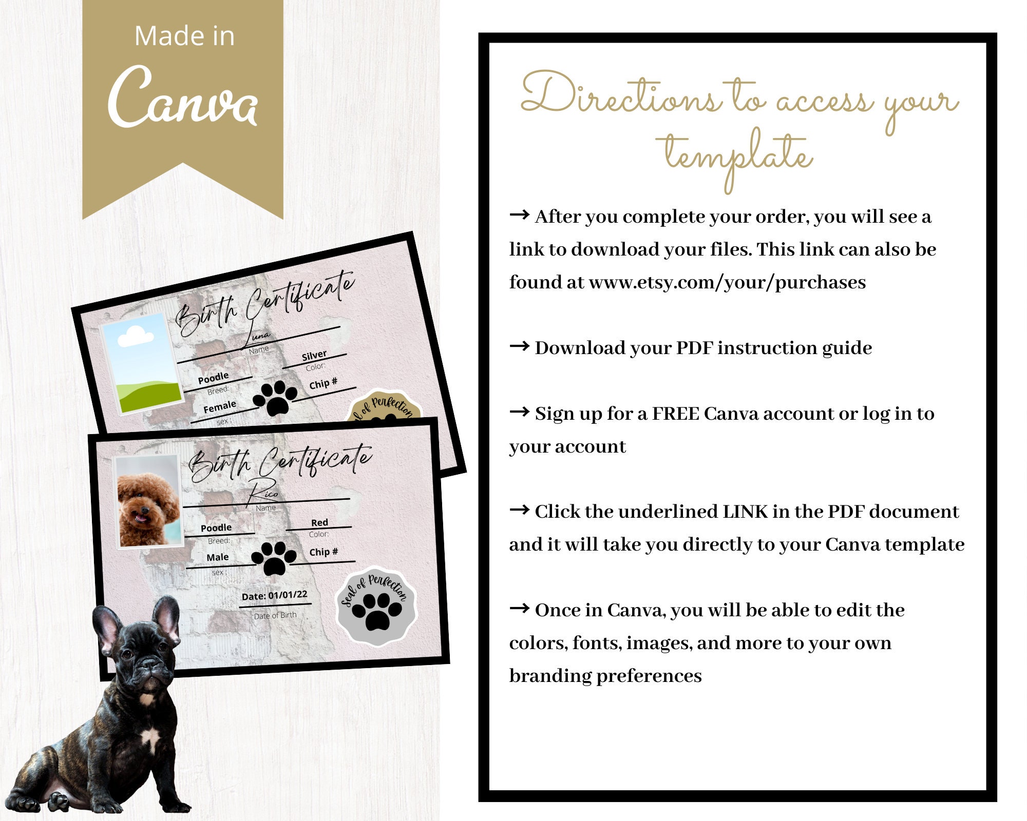 Editable Pet Birth Certificate Template Puppy Birth - Etsy