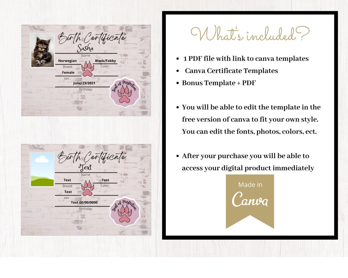 Editable Kitten Birth Certificate Template,pdf, Birth Certificate, Cat ...