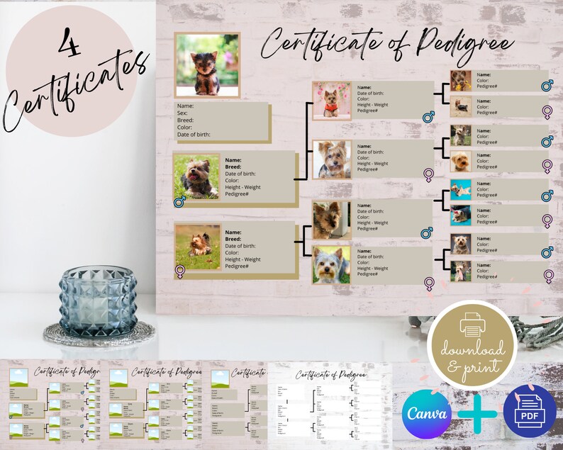 4 Editable, Printable Dog Pedigree Template, Dog Breeder,new Puppy,pet