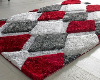 3D Geometric Shaggy Red Rug