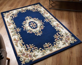 Luxurious Blue Wool Rug | Royal Aubusson Traditional Design