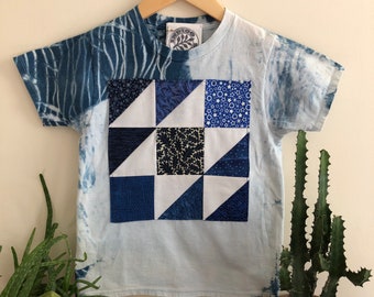 Kids size 6/8 indigo dyed t-shirt with patchwork detail