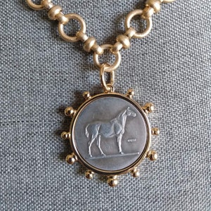 EQUESTRIAN Replica HORSE COIN w/Polished Gold-tone Bezel on 18" Matte Round Rolo Link chain. Equestrian Vintage-style Jewelry.