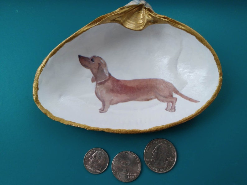 DACHSHUND DOXY Dog Breed Large Clam Shell Decoupage Gilded Jewelry Dish