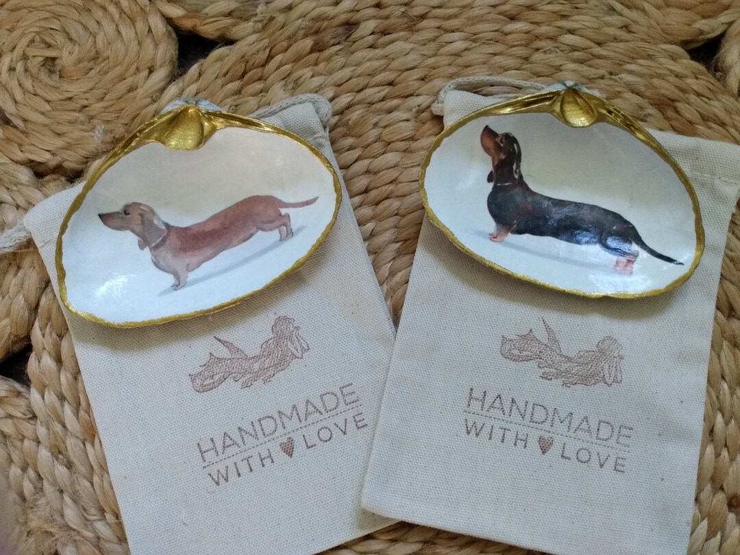 DACHSHUND DOXY Dog Breed Large Clam Shell Decoupage Gilded Jewelry Dish