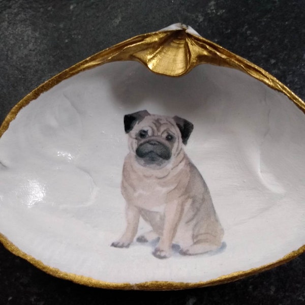 PUG DOG  Clam, Oyster or Quahog Wampum Decoupaged and Gilded Shells . Beach House Coastal Decor Hostess Housewarming Holiday Cape Gifts.