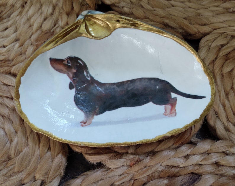 DACHSHUND DOXY Dog Breed Large Clam Shell Decoupage Gilded Jewelry Dish