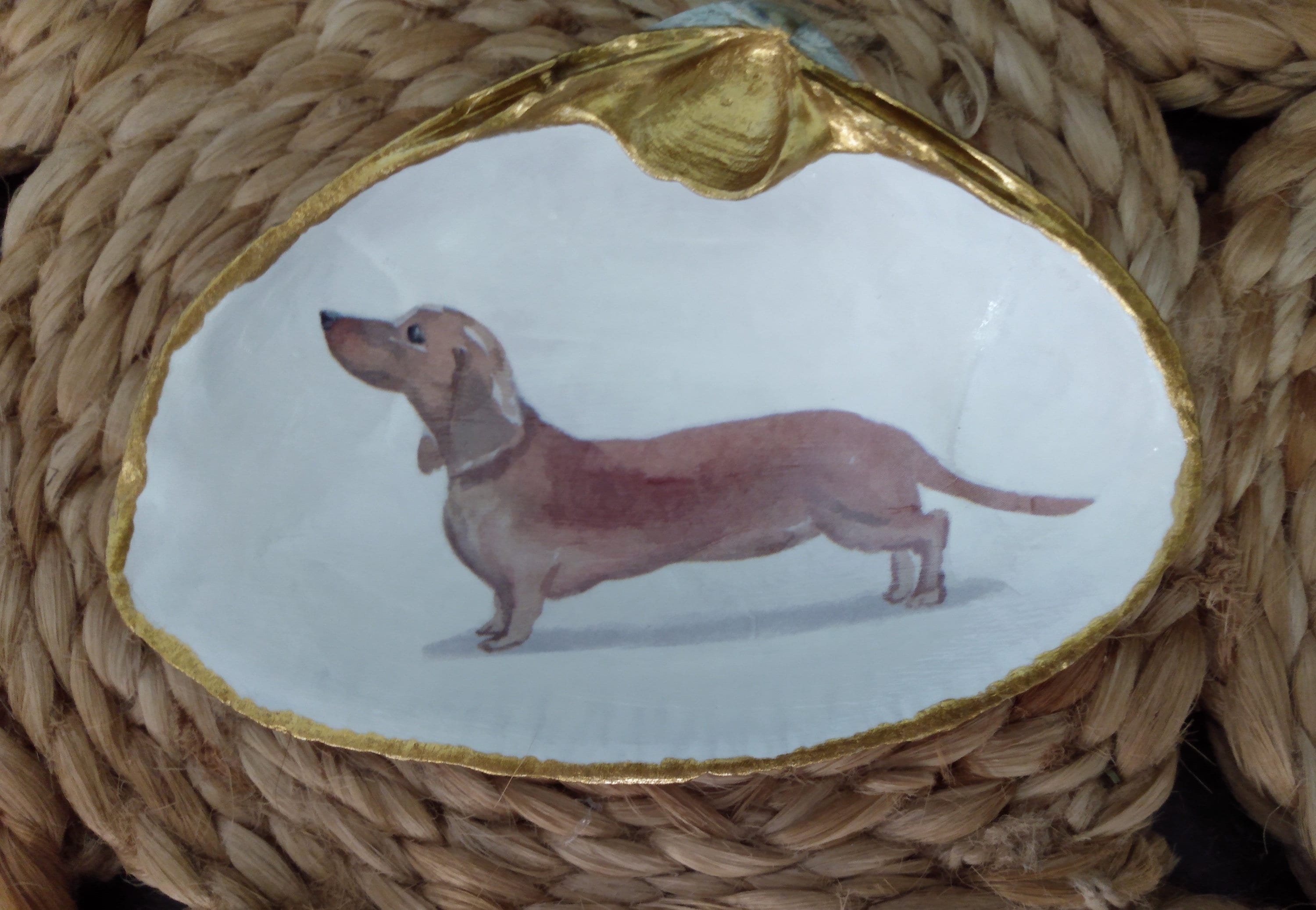 DACHSHUND DOXY Dog Breed Large Clam Shell Decoupage Gilded Jewelry Dish