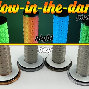 May include: Four glow-in-the-dark filament motorcycle grips in different colors. The grips are shown in both a lit and unlit state. The text "glow-in-the-dark filament" is visible in the image.