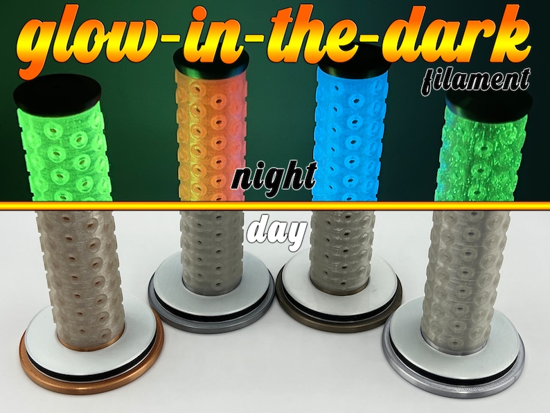May include: Four glow-in-the-dark filament motorcycle grips in different colors. The grips are shown in both a lit and unlit state. The text "glow-in-the-dark filament" is visible in the image.
