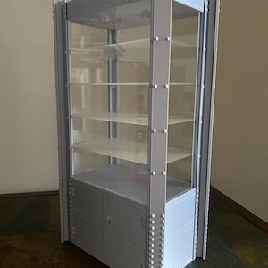 K&ouml;nnte beinhalten: Ein grauer Vitrinenschrank mit Glasb&ouml;den und T&uuml;ren. Der Schrank hat einen genieteten Metallrahmen und eine rechteckige Form. Er ist f&uuml;r die Pr&auml;sentation von Sammlerst&uuml;cken oder anderen Gegenst&auml;nden konzipiert.